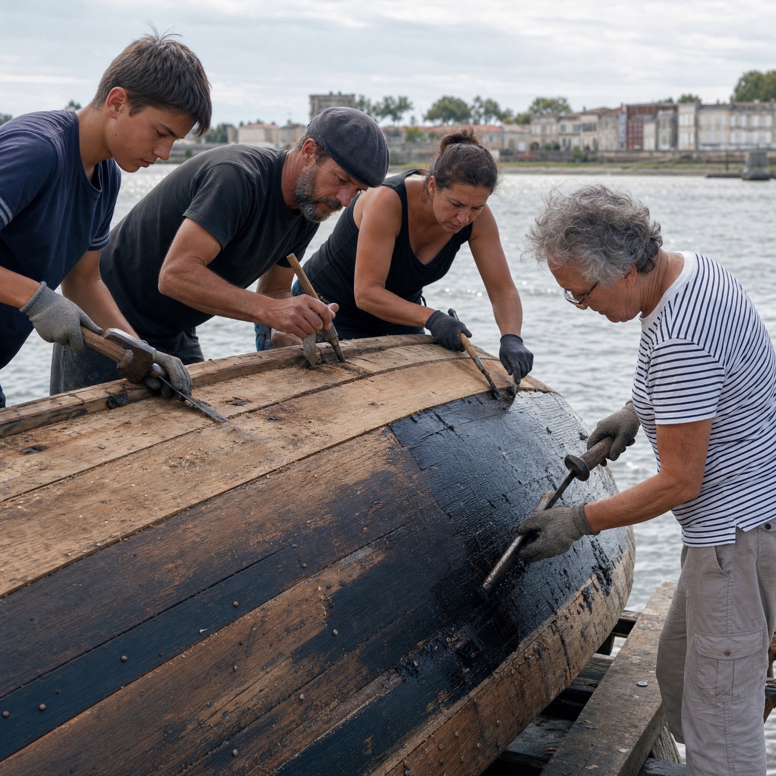 Visite guidée des quais de Libourne — participants écoutant un guide bénévole